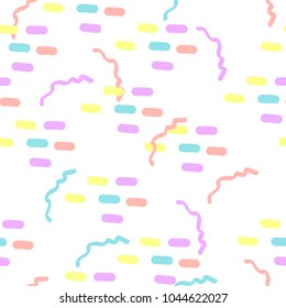 Colorful trendy background with Memphis elements. Vector seamless pattern with doodle, dots, scrawls, strokes. Vector illustration.