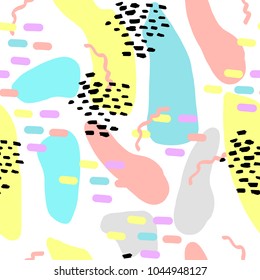 Colorful trendy background with Memphis elements. Vector seamless pattern with doodle, dots, scrawls, strokes. Vector illustration.