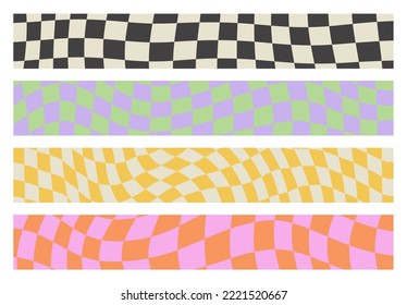 Colorful trendy checker board background template collection. Set of geometric pastel square texture in vintage y2k style.	Horizontal web header frame bundle.