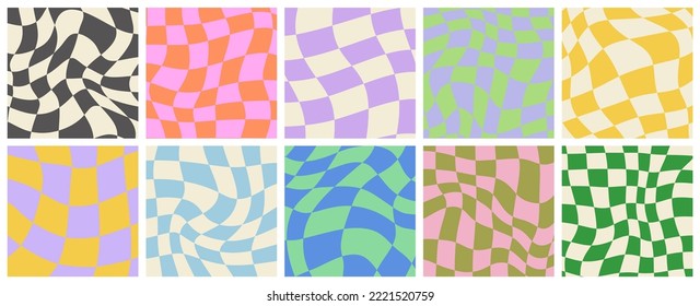 Colorful trendy checker board background template collection. Set of geometric pastel square texture in vintage y2k style.	Psychedelic poster frame bundle.