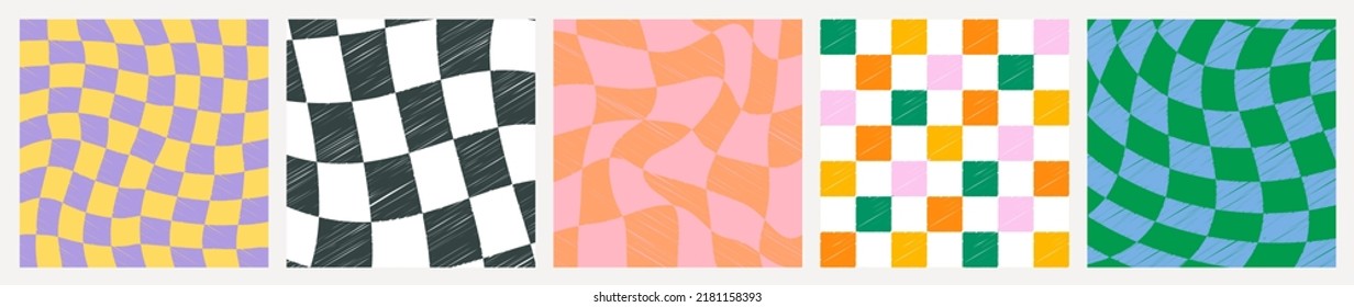 Colorful trendy checker board grid background collection. Set of geometric hand drawn pastel square texture in vintage 70s style. 