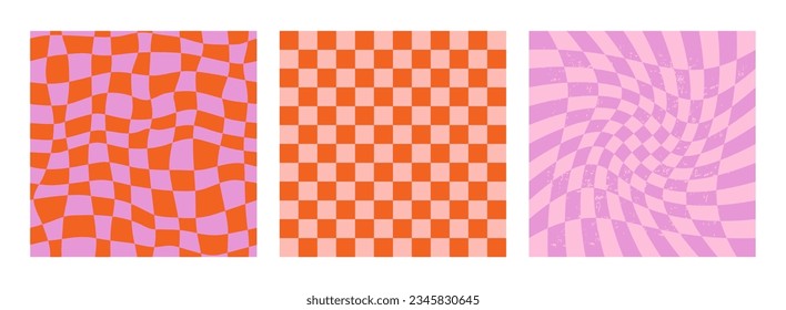Colorful trendy checker board grid background template collection. Set of geometric bright square chess texture in vintage retro y2k style. Vector illustration
