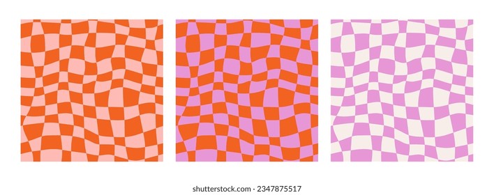 Colorful trendy checker board grid background template collection. Set of geometric bright square chess texture in vintage retro y2k style. Vector illustration