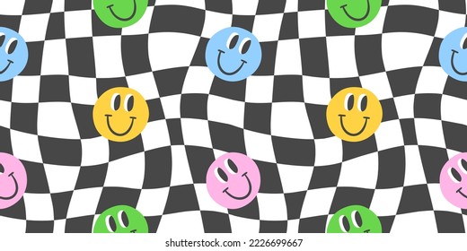 Colorful trendy checker board square seamless pattern illustration with funny faces. Distorted geometric square pastel color background in vintage psychedelic y2k style. 