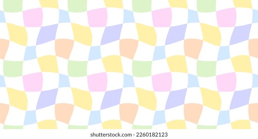 Colorful trendy checker board square seamless pattern illustration. Distorted geometric square pastel color background in vintage psychedelic y2k style. 