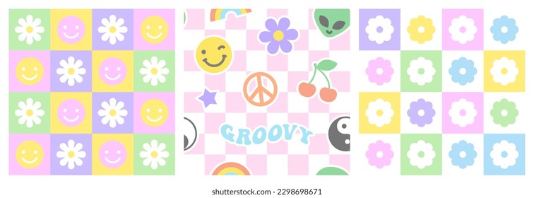 Colorful trendy checker board square seamless pattern collection. Set of geometric pastel square flower background in vintage psychedelic y2k style. Includes floral and happy face prints.