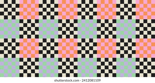 Colorful trendy checker board square seamless pattern illustration. Groovy geometric checkered background in vintage style. 