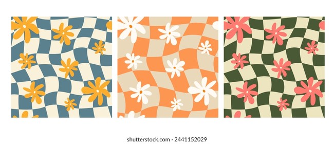 Colorful trendy checker board square seamless pattern collection. Set of geometric pastel square background in vintage psychedelic y2k style. Includes floral, rainbow and happy face prints.