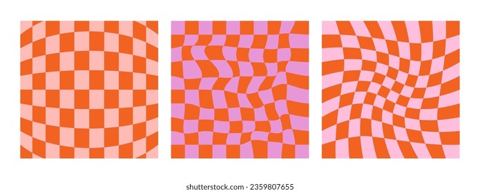 Colorful trendy checkerboard square pattern collection. Set of geometric bright square background in vintage psychedelic y2k style. Pink and red color. Funny cute texture for surface design.