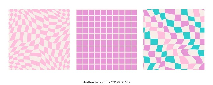 Colorida colección de patrones cuadrados de chequera a la moda. Conjunto de fondo cuadrado luminoso geométrico en el estilo psicodélico vintage y2k. LÍlago, rosa y verde. Graciosa textura linda para el diseño de superficie.