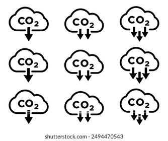 Colorful trendy CO2 reduction flat graphic vector icons collection