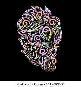 Colorful trendy  dot pattern with paisley. Traditional ethnic ornament. Object isolated on black background. Vector print.