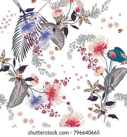 Colorful Trendy Floral pattern in the many kind of flowers. Tropical botanical Seamless vector texture. Elegant template for fashion prints. Printing with in hand drawn style on white background. Colorful Trendy Floral pattern in the many kind of flowers. Tropical botanical Seamless vector texture. Elegant template for fashion prints. Printing with in hand drawn style on white background.