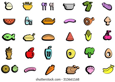 Colorful trendy food, ingredient, vegetable fruit, and kitchen tool icon design set with isolated background, create by vector
