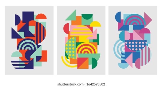 Colorful trendy geometric shapes flat elements of a pattern. Pop art style texture. Modern abstract design for poster and cover template background. Vector illustration