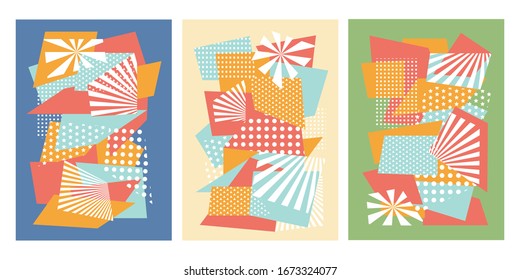 Colorful trendy geometric shapes flat elements of a pattern. Pop art style texture. Modern abstract design for poster and cover template background. Vector illustration