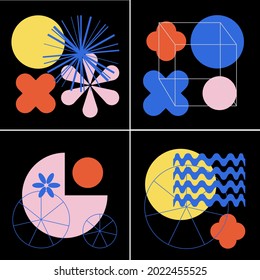 Colorful trendy geometric shapes flat elements of a pattern. Modern abstract design for poster and cover template background. Vector illustration