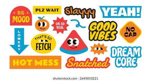 Colorful trendy and groovy stickers collection. Gen z and millenials slang words and quote y2k style.