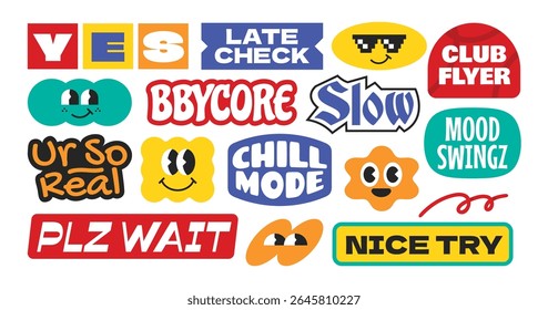 Colorful trendy and groovy stickers collection. Gen z and millenials slang words and quote y2k style.