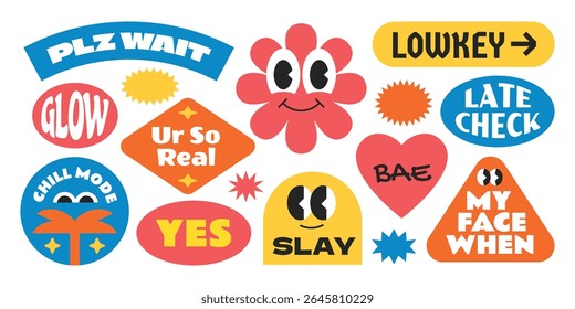Colorful trendy and groovy stickers collection. Gen z and millenials slang words and quote y2k style.