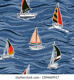 Colorful Trendy Hand drawing  wind surf seamless pattern in vector.on the ocean illustration. Summer beach wave illustration on dark blue background color.