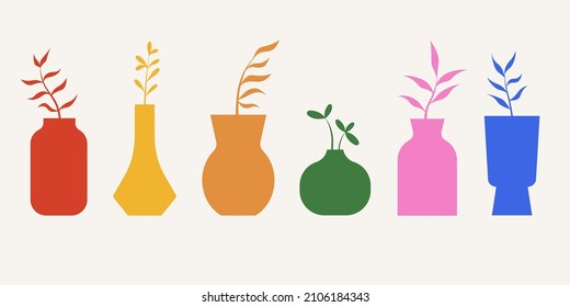 Colorful trendy illustration. Abstract art. Six vases with plants. Floral design. Set of vases with plants. All elements are isolated. 