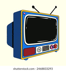 Ilustración de moda colorida de un viejo televisor en un estilo lineal retro con un efecto de semitono. Televisor Antiguas push-Botón con estética de los años 80-2000.