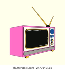 Ilustración de moda colorida de un viejo televisor en un estilo lineal retro con un efecto de semitono. Televisor Antiguas push-Botón con estética de los años 80-2000.