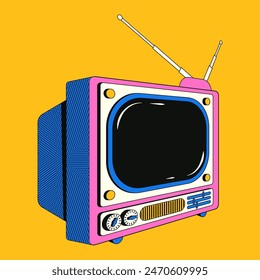 Ilustración de moda colorida de un viejo televisor en un estilo lineal retro con un efecto de semitono. Televisor Antiguas push-Botón con estética de los años 80-2000.