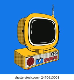 Ilustración de moda colorida de un viejo televisor en un estilo lineal retro con un efecto de semitono. Televisor Antiguas push-Botón con estética de los años 80-2000.