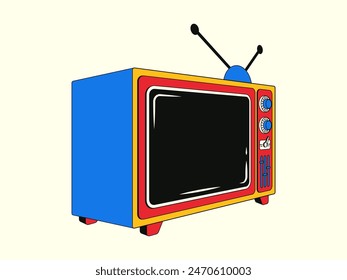 Ilustración de moda colorida de un viejo televisor en un estilo lineal retro con un efecto de semitono. Televisor Antiguas push-Botón con estética de los años 80-2000.