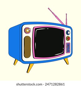 Ilustración de moda colorida de un viejo televisor en un estilo lineal retro con un efecto de semitono. Televisor Antiguas push-Botón con estética de los años 80-2000.