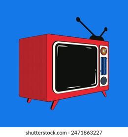 Ilustración de moda colorida de un viejo televisor en un estilo lineal retro con un efecto de semitono. Televisor Antiguas push-Botón con estética de los años 80-2000.