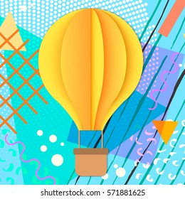 Colorful trendy Neo Memphis geometric poster with paper 3D craft air balloon. Retro style texture, pattern and geometric elements. Modern abstract design poster, cover, card design.