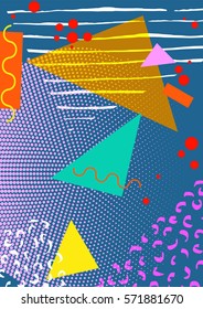 Colorful trendy Neo Memphis geometric poster. Retro style texture, pattern and geometric elements. Modern abstract design poster, cover, card design.