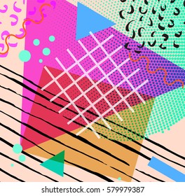 Colorful trendy Neo Memphis geometric poster. Retro style texture, pattern and geometric elements. Modern abstract design poster, cover, card design.