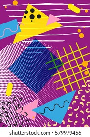Colorful trendy Neo Memphis geometric poster. Retro style texture, pattern and geometric elements. Modern abstract design poster, cover, card design.