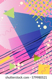 Colorful trendy Neo Memphis geometric poster. Retro style texture, pattern and geometric elements. Modern abstract design poster, cover, card design.