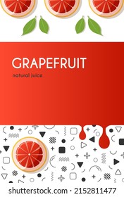 Colorful trendy packaging design for grapefruit juice. Grapefruit slices with Memphis style geometric pattern. Template for packaging, brochure, invitation, postcard, poster. Stock vector illustration