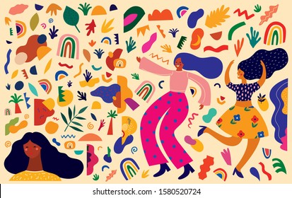 Colorful trendy pattern with abstract stylish individual design elements. Dancing people. Design for holidays Birthday, New Year, Brazil Carnival or party	