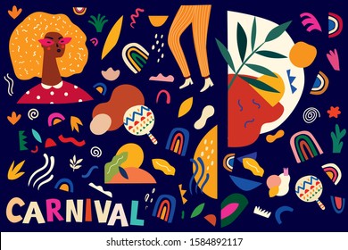 Colorful trendy pattern with abstract stylish individual design elements. Dancing people. Design for holidays Birthday, New Year, Brazil Carnival or party	