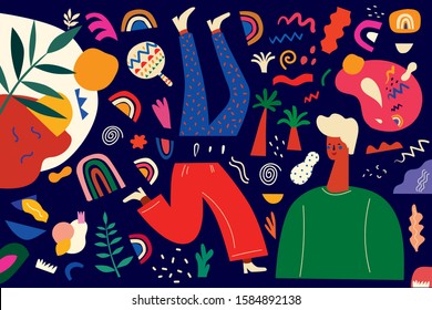 Colorful trendy pattern with abstract stylish individual design elements. Dancing people. Design for holidays Birthday, New Year, Brazil Carnival or party	