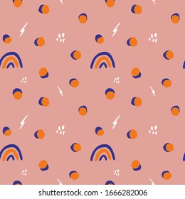 Colorful trendy pink, blue and orange contemporary abstract simple shapes seamless pattern. Vector flat collage stylish illustration, vector modern memphis art