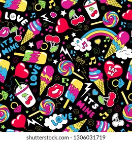 Colorful trendy pop seamless pattern on black background. Fashion illustration drawing in modern style for clothes. Drawing for kids clothes, t-shirts, fabrics or packaging. Ice cream, sweets, candy.