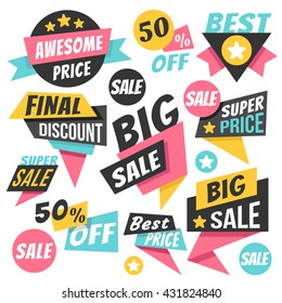 Colorful trendy sale badges, labels, banners set. Creative paper origami concept. Flat design vector illustration