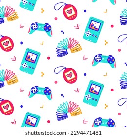 Colorful trendy seamless pattern with 80s-90s elements on white background. 