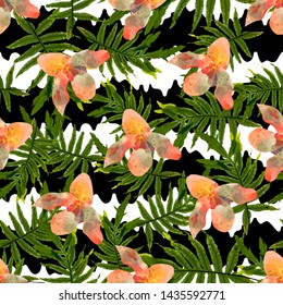 Colorful trendy seamless pattern with orchid flowers, white and black stripes, tropical leaves. Watercolor style stock vector illustration.