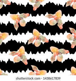 Colorful trendy seamless pattern with orchid flowers, white and black stripes. Watercolor style stock vector illustration.