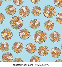 Colorful trendy seamless pattern with ramen plates. Asian cuisine. Vector illustration