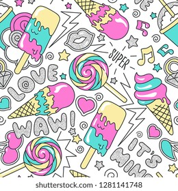 Colorful trendy seamless vector pattern on a lavender background. Fashion illustration drawing in modern style for clothes. Drawing for kids clothes, t-shirts, fabrics or packaging